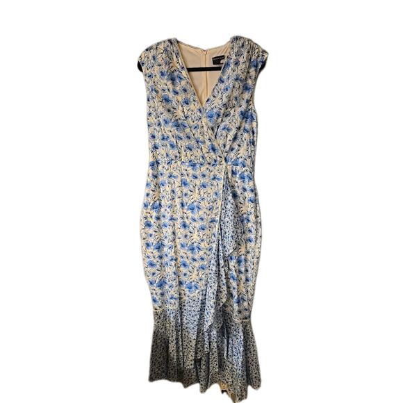 NWT Maison Tara Blue Floral V-Neck Ruffle Sleeveless Maxi Dress Womans Size 16 - Picture 2 of 9